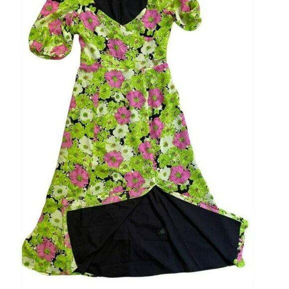 WAYF SURPLICE NECK GREEN MULTI-COLOR FLORAL PRINT MIDI DRESS SIZE XS - Picture 3 of 7